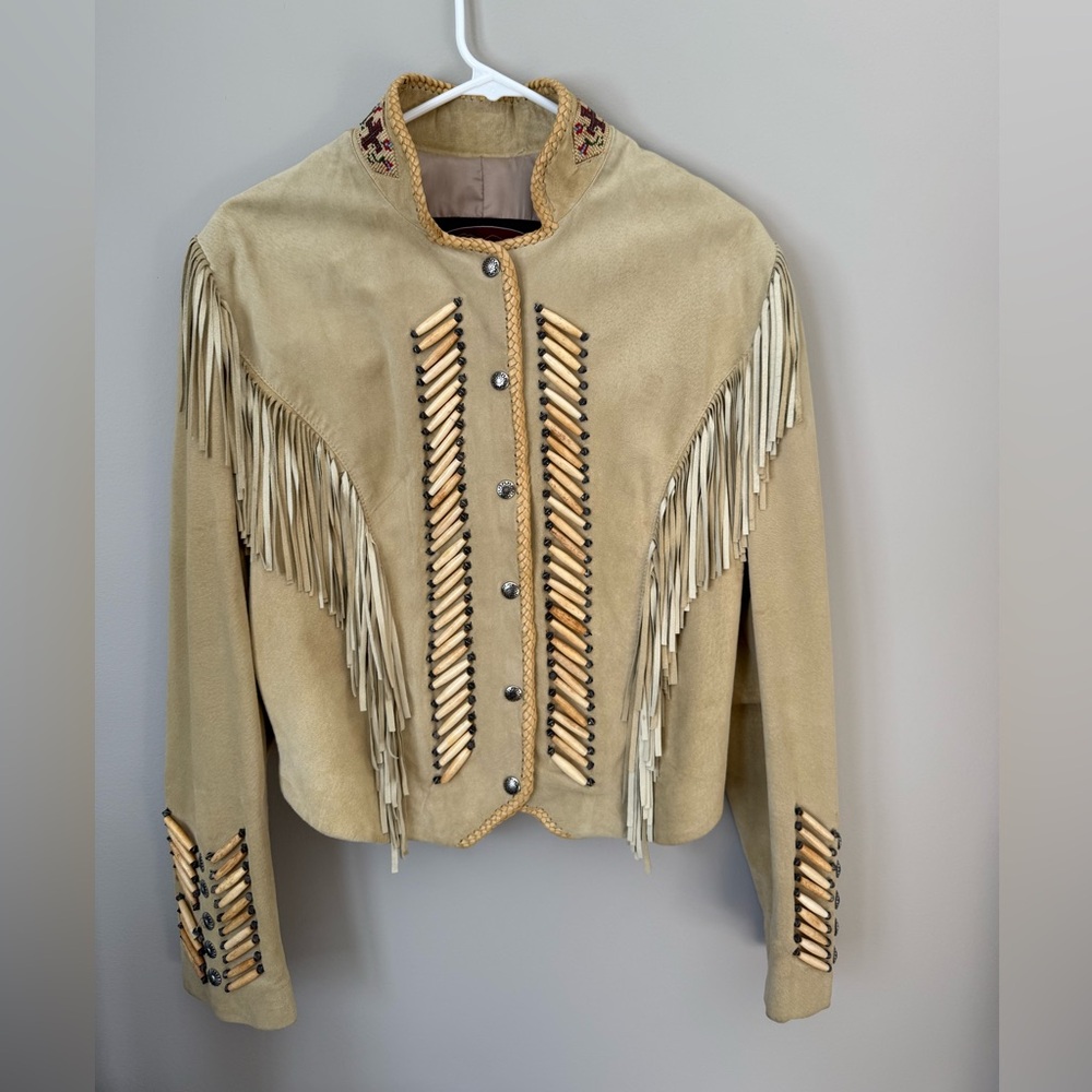 Vintage 90’s Overland Suede Fringe Jacket Beaded Collar Bone Detail USA Women 14